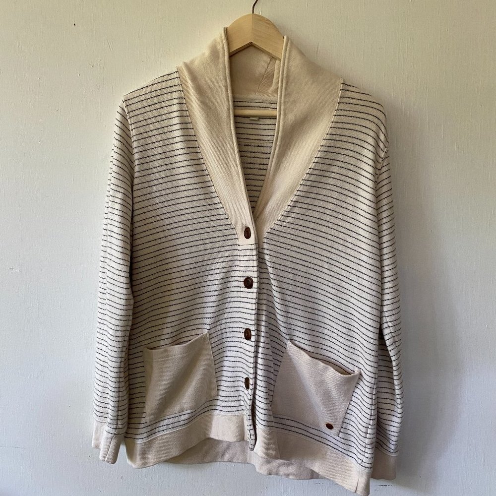 Orvis VTG Grandpa Cardigan Medium Gray Striped Pockets Old Money Pockets